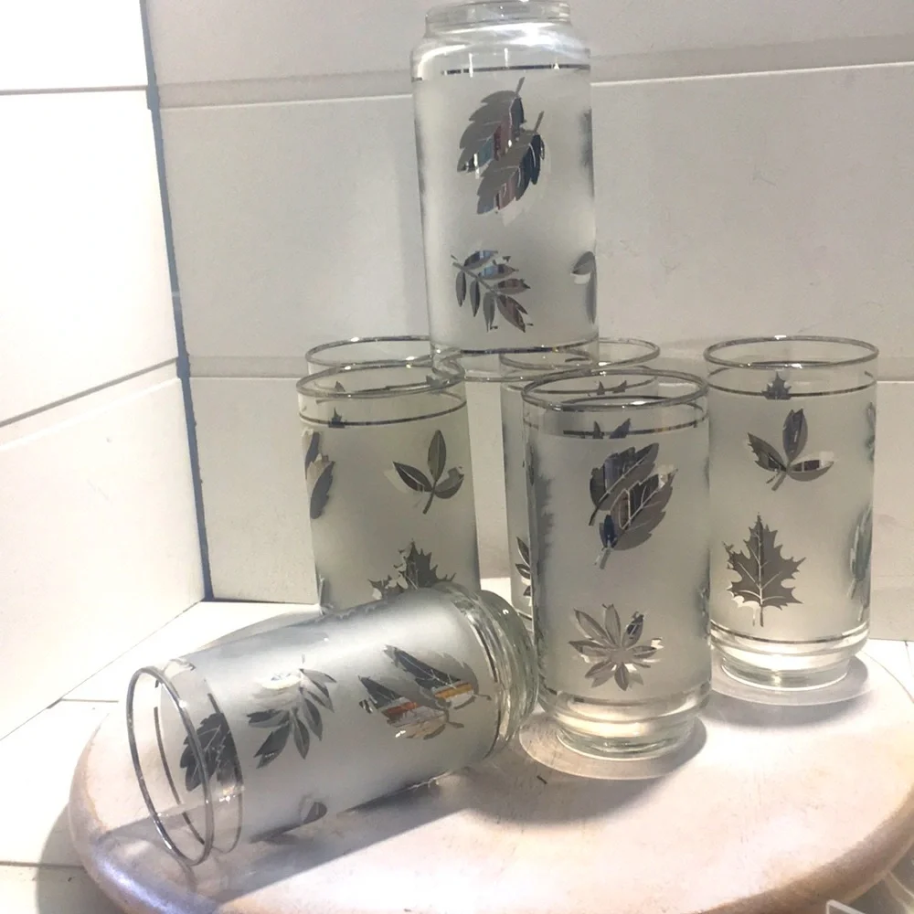 Vintage MCM Libby silver frosted glass set Botanical. 7 glasses